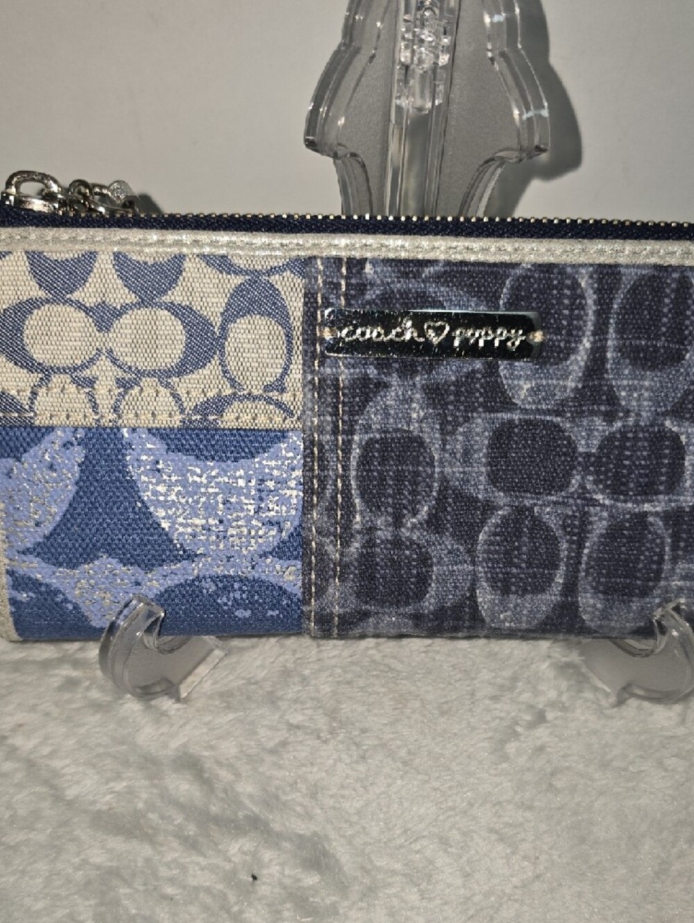 Coach Poppy Patchwork Signature Denim Zip Wallet - Navy and Light Blue - Picture 2 of 10